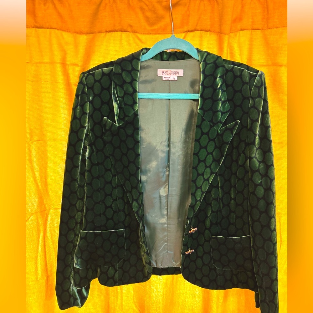 Kay Unger velvet blazer w/ gorgeous jeweled buttons emerald green & navy